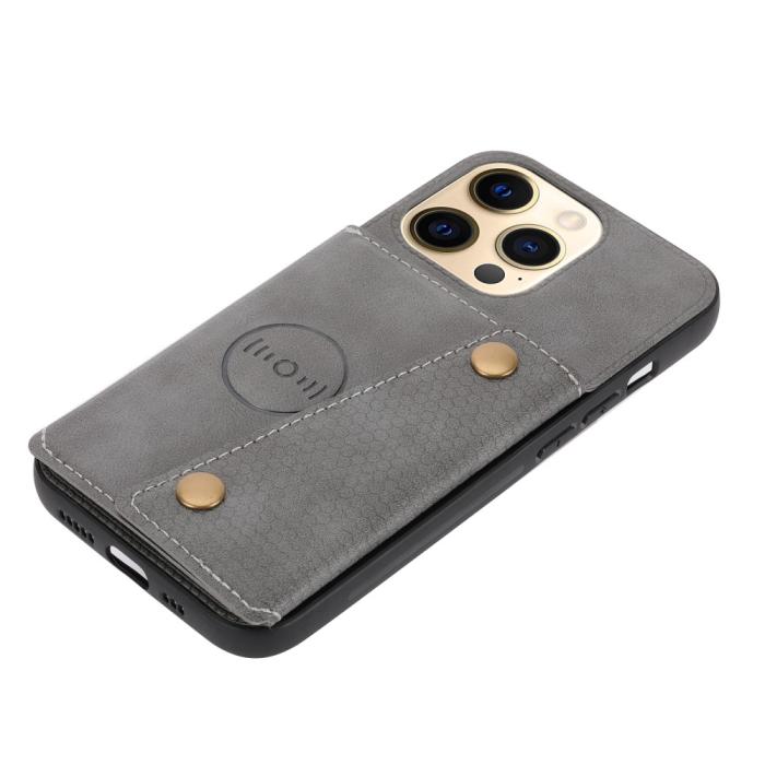 Bild 5,  iPhone 13 Pro Skal Läder Med Kortfack Och Magnet Grå - Teknikhallen.se
