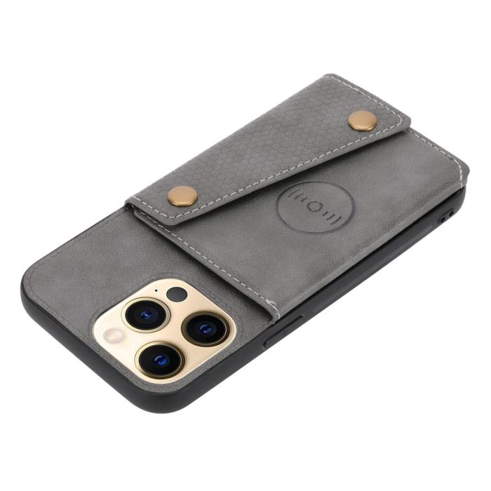 Bild 6,  iPhone 13 Pro Skal Läder Med Kortfack Och Magnet Grå - Teknikhallen.se