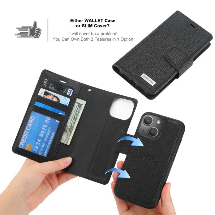 Bild 5,  iPhone 14 2in1 Litchi Magnet Fodral / Skal Svart - Teknikhallen.se