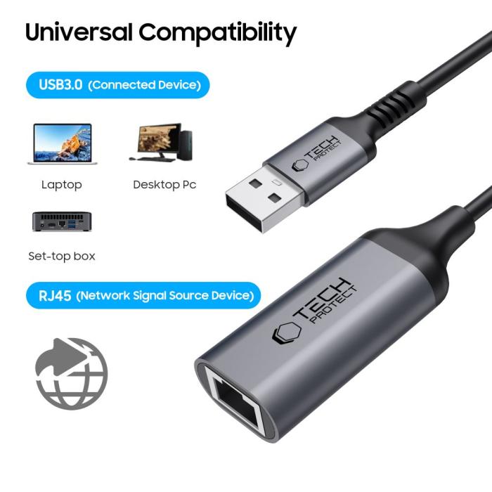 Bild 3, Tech-Protect Tech-Protect USB 3.0 - RJ45 Ethernet Adapter Ultraboost Svart - Teknikhallen.se