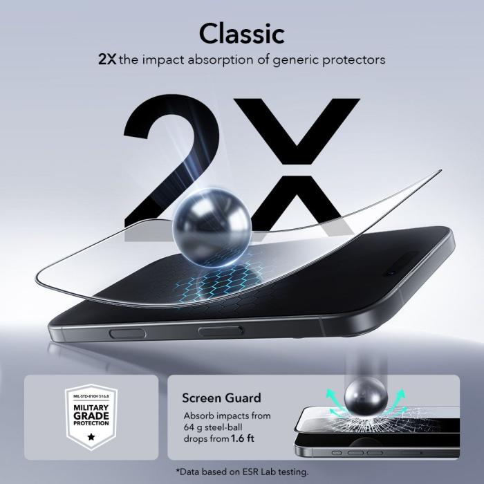 Bild 5, ESR ESR iPhone 17 / 16 Pro 2-PACK Skärmskydd UltraFit Härdat Glas Transparent - Teknikhallen.se