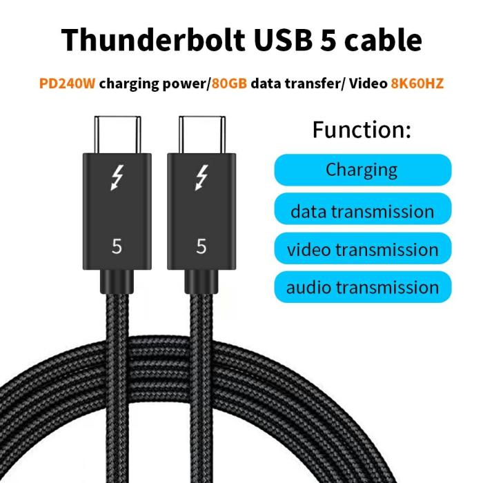 Bild 2,  1m Thunderbolt 5 Kabel USB-C 240W 8K / 60Hz PD Svart - Teknikhallen.se