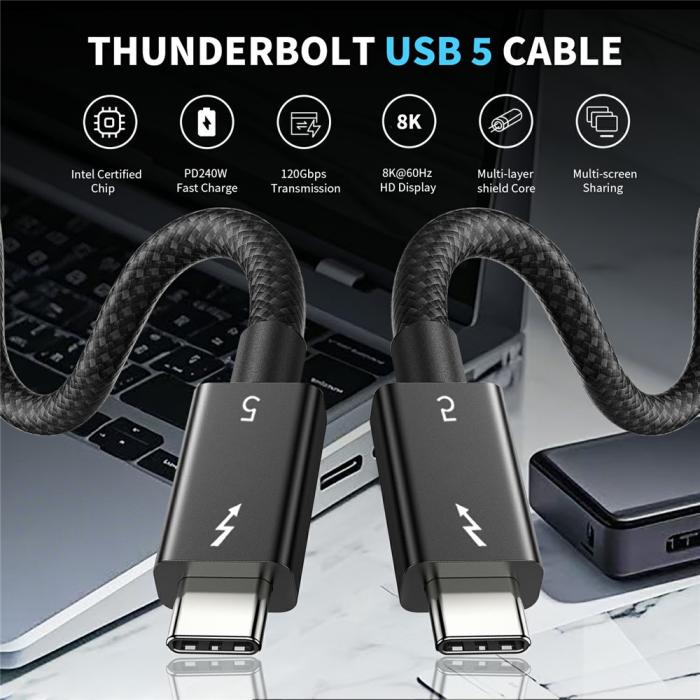 Bild 6,  1m Thunderbolt 5 Kabel USB-C 240W 8K / 60Hz PD Svart - Teknikhallen.se