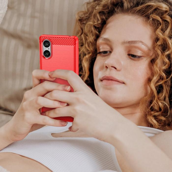 Bild 6,  Sony Xperia 5 V Skal Borstad Stål Textur Röd - Teknikhallen.se