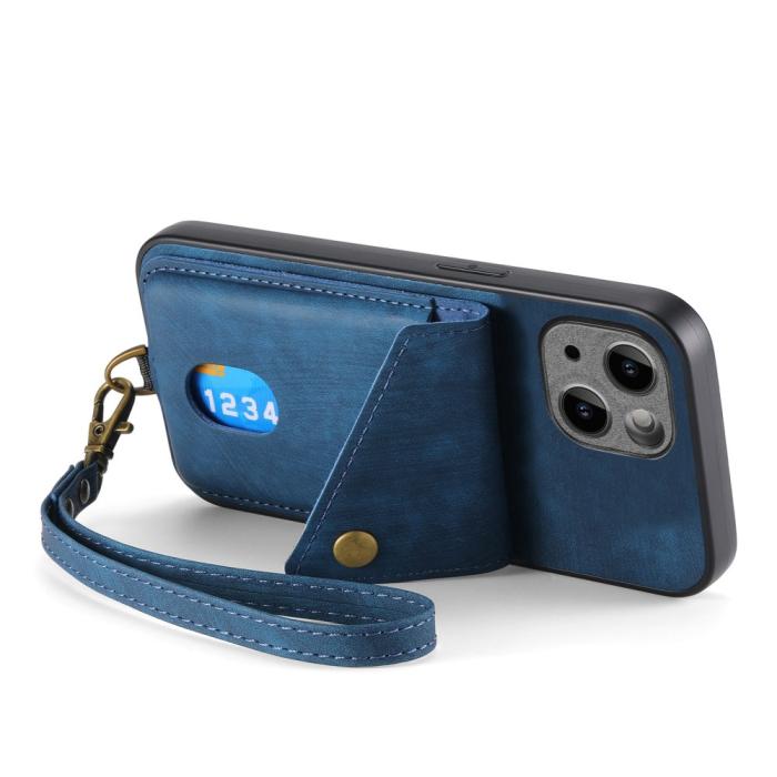 Bild 3,  iPhone 15 Plus Skal Retro Läder Med Kortfack Blå - Teknikhallen.se