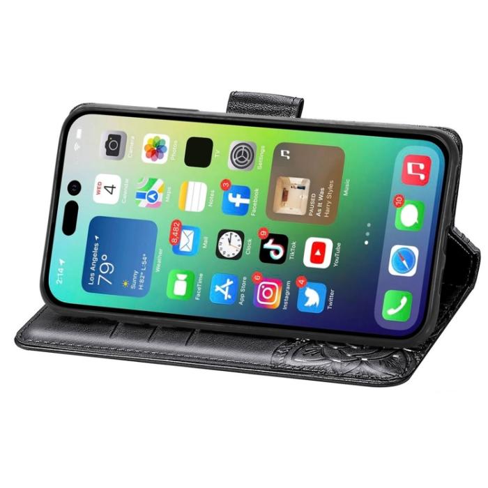 Bild 4,  iPhone 15 Pro Fodral Läder Tryckt Fjäril Svart - Teknikhallen.se