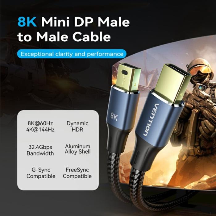 Bild 2,  1.5 m Mini DisplayPort Hane 8k 60Hz / 4K 144Hz Kabel Svart - Teknikhallen.se