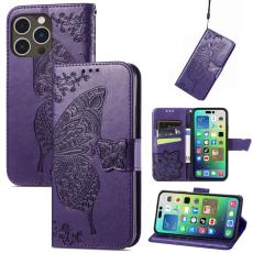  iPhone 15 Pro Fodral L&auml;der Tryckt Fj&auml;ril M&ouml;rk Lila - Teknikhallen.se