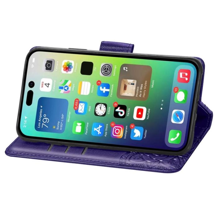 Bild 4,  iPhone 15 Pro Fodral Läder Tryckt Fjäril Mörk Lila - Teknikhallen.se