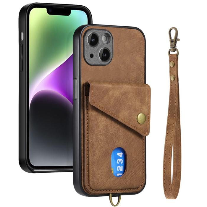 Bild 2,  iPhone 15 Plus Skal Retro Läder Med Kortfack Brun - Teknikhallen.se