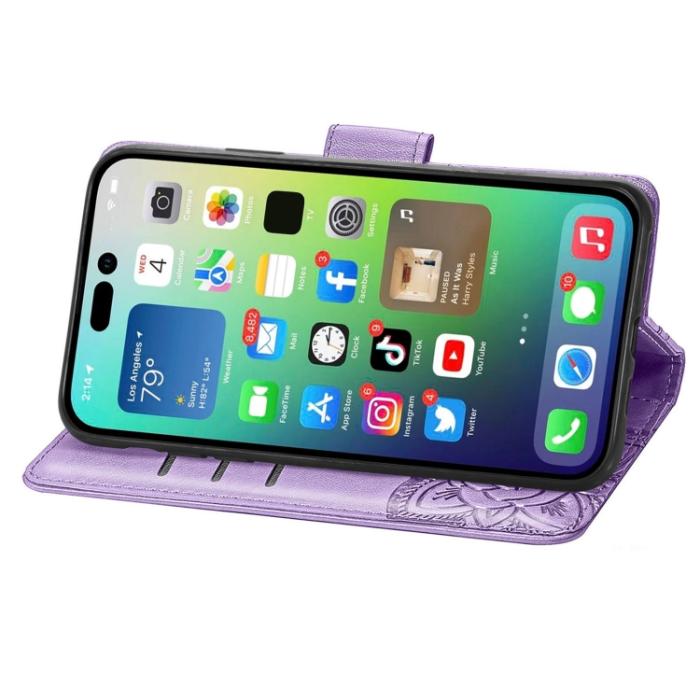 Bild 4,  iPhone 15 Pro Fodral Läder Tryckt Fjäril Lila - Teknikhallen.se