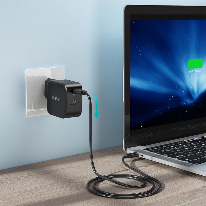 Bild 3, Choetech Choetech 60W GaN USB-C PD + 1.8m USB-C - USB-C Kabel Svart - Teknikhallen.se