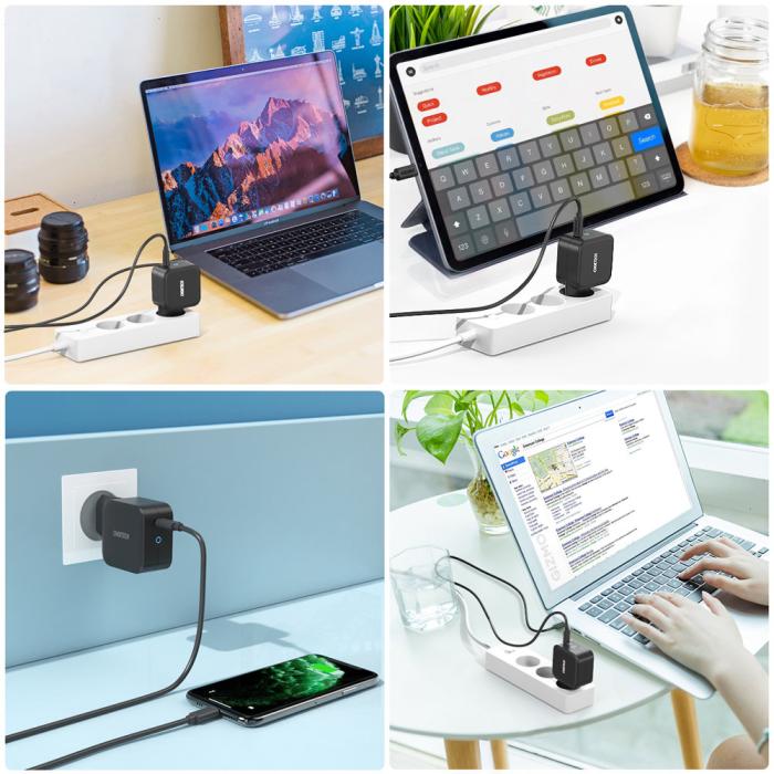 Bild 6, Choetech Choetech 60W GaN USB-C PD + 1.8m USB-C - USB-C Kabel Svart - Teknikhallen.se