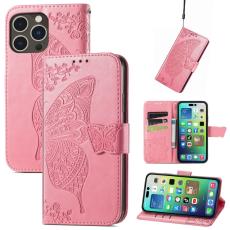  iPhone 15 Pro Fodral L&auml;der Tryckt Fj&auml;ril Rosa - Teknikhallen.se