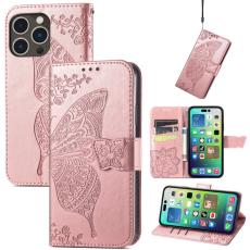  iPhone 15 Pro Fodral L&auml;der Tryckt Fj&auml;ril Ros&eacute;guld - Teknikhallen.se