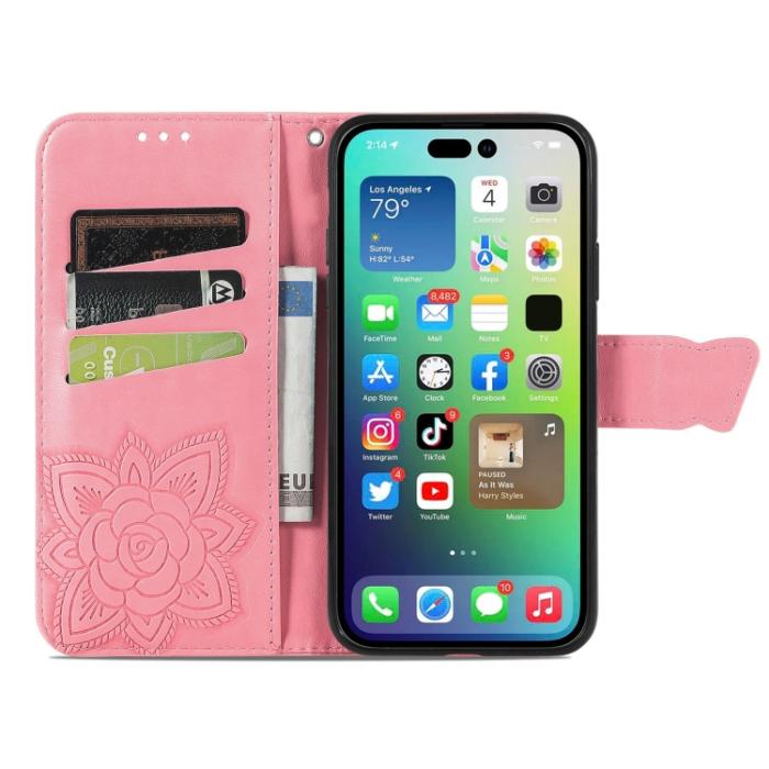 Bild 3,  iPhone 15 Pro Fodral Läder Tryckt Fjäril Rosa - Teknikhallen.se