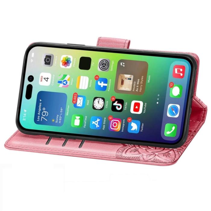 Bild 4,  iPhone 15 Pro Fodral Läder Tryckt Fjäril Rosa - Teknikhallen.se