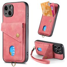  iPhone 15 Plus Skal Retro L&auml;der Med Kortfack Rosa - Teknikhallen.se