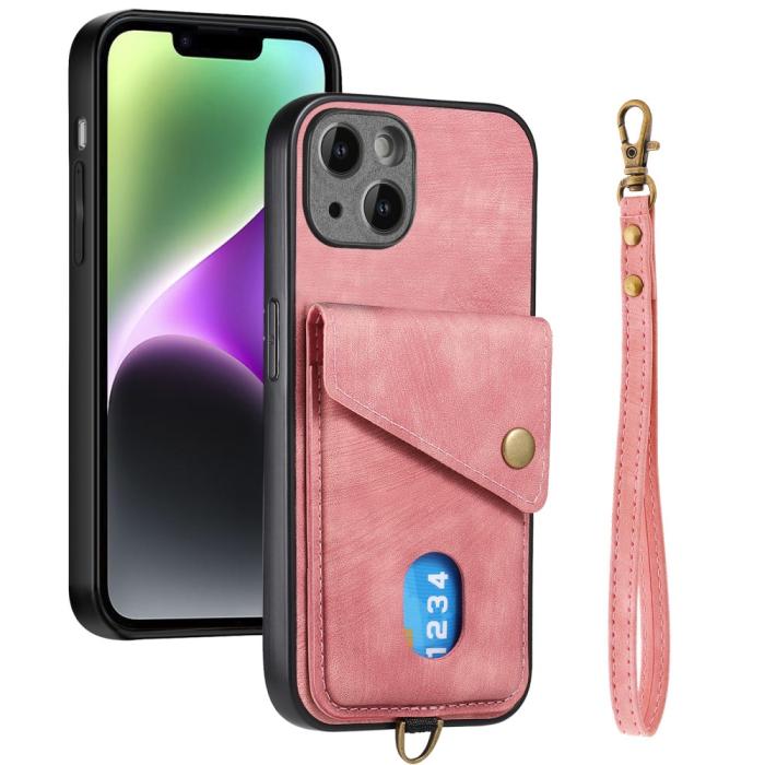 Bild 2,  iPhone 15 Plus Skal Retro Läder Med Kortfack Rosa - Teknikhallen.se