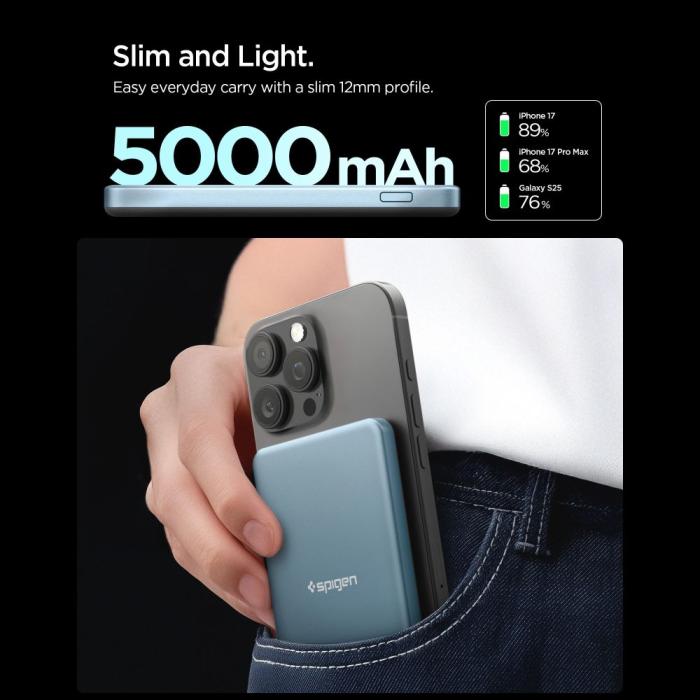 Bild 6, Spigen Spigen 5000 mAh 22.5W MagSafe Powerbank Essential Teal Blue - Teknikhallen.se