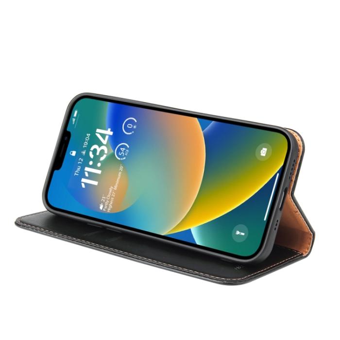 Bild 6,  iPhone 14 Plus Flip Fodral Äkta Läder Svart - Teknikhallen.se
