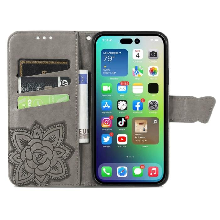 Bild 3,  iPhone 15 Pro Fodral Läder Tryckt Fjäril Grå - Teknikhallen.se