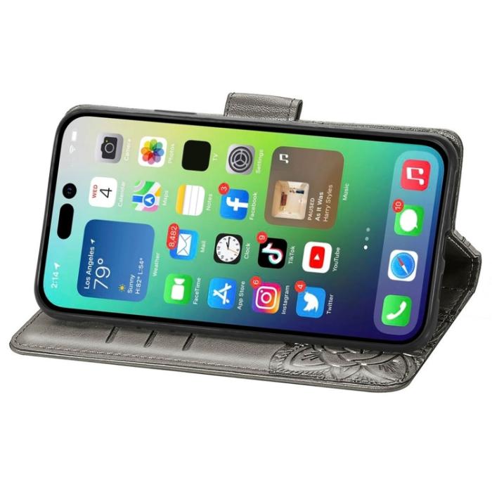 Bild 4,  iPhone 15 Pro Fodral Läder Tryckt Fjäril Grå - Teknikhallen.se
