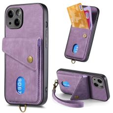  iPhone 15 Plus Skal Retro L&auml;der Med Kortfack Lila - Teknikhallen.se