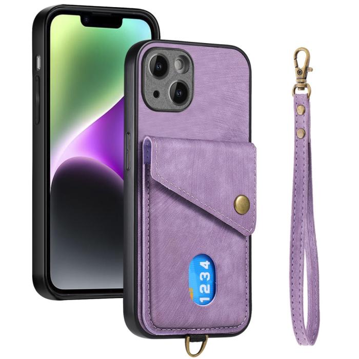 Bild 2,  iPhone 15 Plus Skal Retro Läder Med Kortfack Lila - Teknikhallen.se