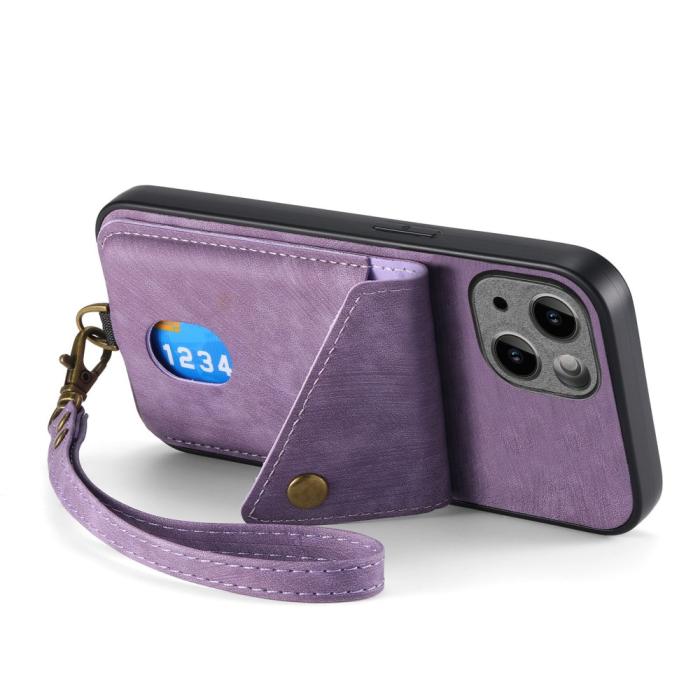 Bild 3,  iPhone 15 Plus Skal Retro Läder Med Kortfack Lila - Teknikhallen.se