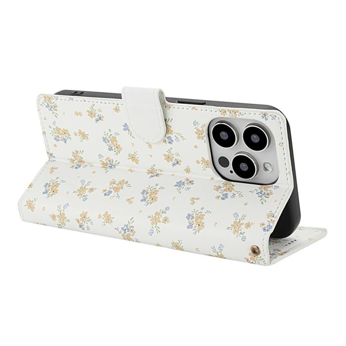 Bild 3,  iPhone 16 Pro Fodral Rhombus Läder Blommor Vit - Teknikhallen.se