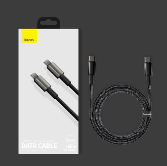 Bild 5, BASEUS Baseus Tungsten 1m 100W 5A PD QC USB-C - USB-C Flätad Nylon Kabel - Svart - Teknikhallen.se
