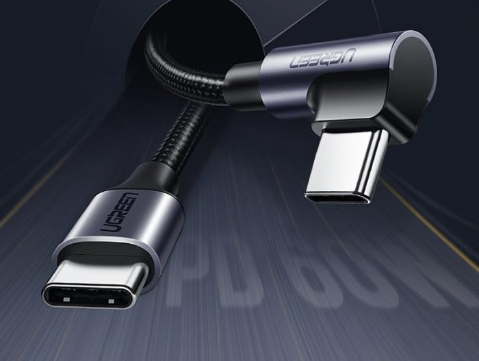 Bild 2, UGREEN Ugreen 1m 60W 3A Elbow USB-C - USB-C Flätad Nylon Kabel - Svart/Grå - Teknikhallen.se