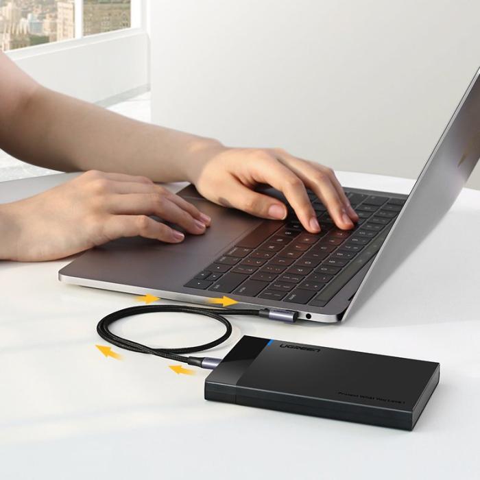 Bild 5, UGREEN Ugreen 1m 60W 3A Elbow USB-C - USB-C Flätad Nylon Kabel - Svart/Grå - Teknikhallen.se
