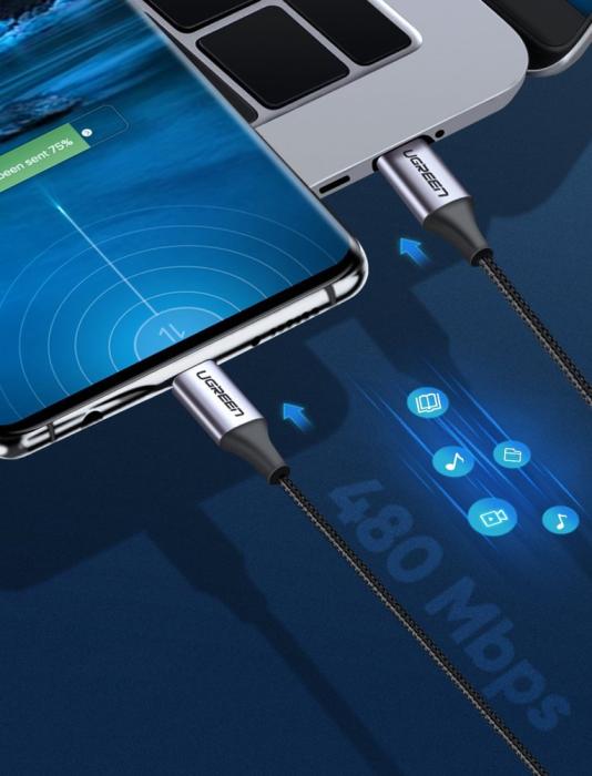Bild 2, UGREEN Ugreen 1m 60W 3A USB-C - USB-C Flätad Nylon Kabel - Svart/Grå - Teknikhallen.se