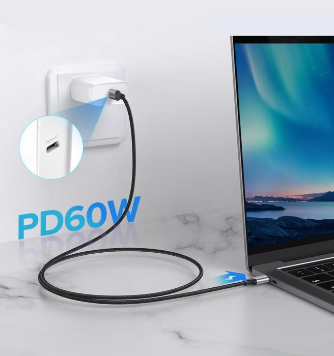 Bild 3, UGREEN Ugreen 1m 60W 3A USB-C - USB-C Flätad Nylon Kabel - Svart/Grå - Teknikhallen.se