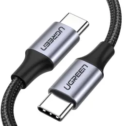 UGREEN Ugreen 1m 60W 3A USB-C - USB-C Flätad Nylon Kabel - Svart/Grå - Teknikhallen.se