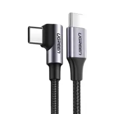 UGREEN Ugreen 2m 60W 3A Elbow USB-C - USB-C Fl&auml;tad Nylon Kabel - Svart/Gr&aring; - Teknikhallen.se