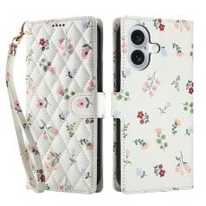 iPhone 16 Fodral Rhombus L&auml;der Blommor Vit - Teknikhallen.se