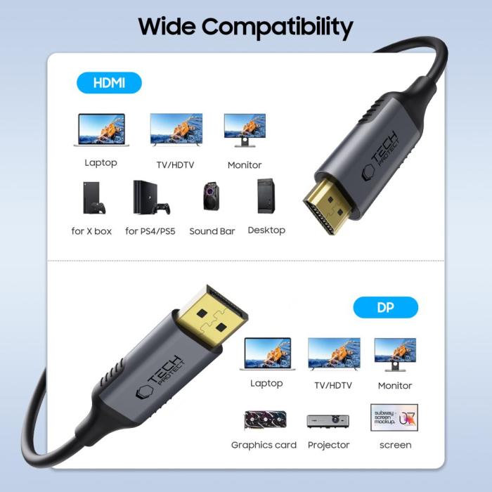 Bild 2, Tech-Protect Tech-Protect 2m DisplayPort - HDMI 2.0 4K 60Hz Kabel UltraBoost - Teknikhallen.se