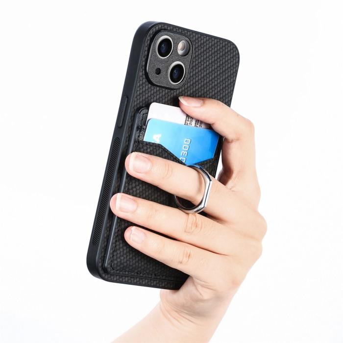 Bild 4,  iPhone 15 Plus Skal Kolfiber Textur Ring Kortfack Svart - Teknikhallen.se
