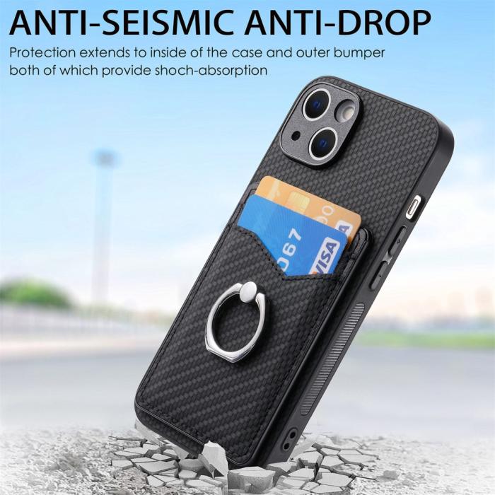 Bild 5,  iPhone 15 Plus Skal Kolfiber Textur Ring Kortfack Svart - Teknikhallen.se