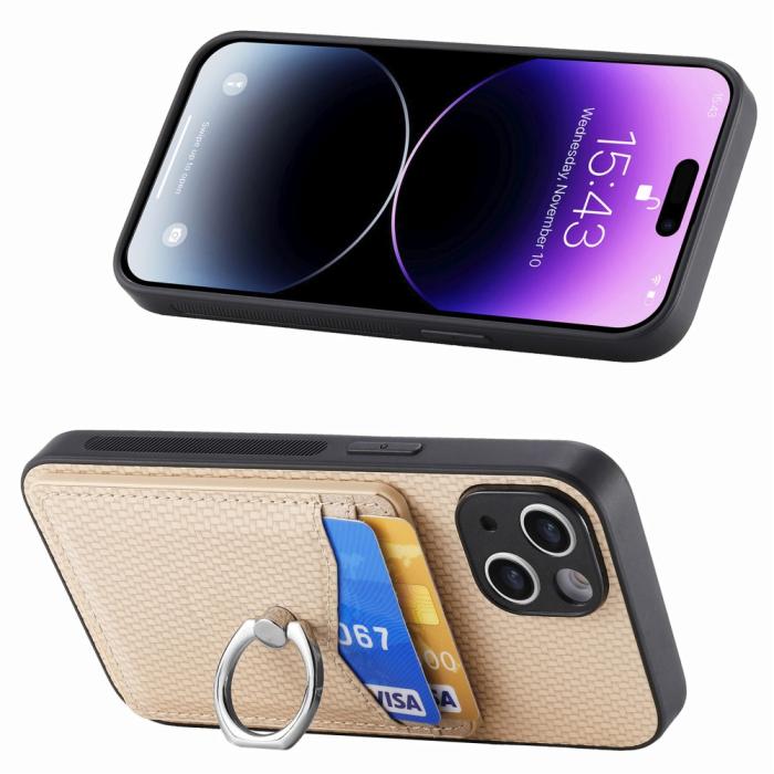 Bild 2,  iPhone 15 Plus Skal Kolfiber Textur Ring Kortfack Aprikos - Teknikhallen.se
