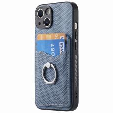  iPhone 15 Plus Skal Kolfiber Textur Ring Kortfack Bl&aring; - Teknikhallen.se