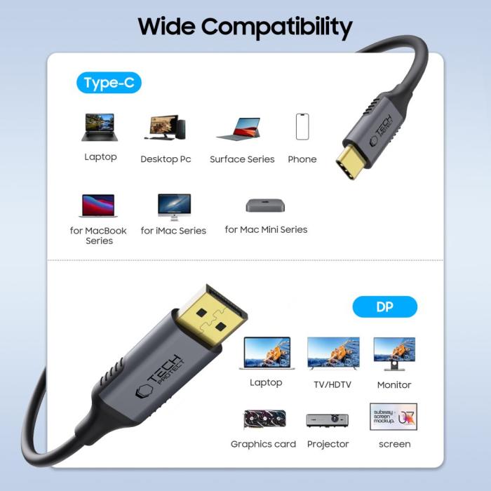 Bild 2, Tech-Protect Tech-Protect 1.8m 8K 60Hz USB-C-DisplayPort 1.4 Kabel UltraBoost - Teknikhallen.se
