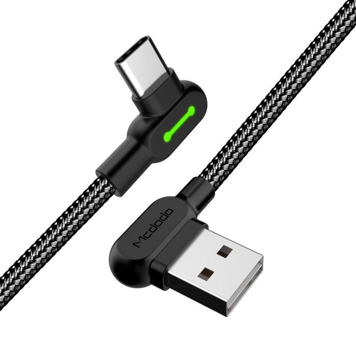 Bild 2, MCDODO Mcdodo 3m 2A USB-C Elbow Nylonflätad Kabel Svart - Teknikhallen.se