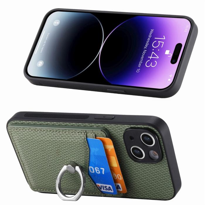 Bild 2,  iPhone 15 Plus Skal Kolfiber Textur Ring Kortfack Grön - Teknikhallen.se