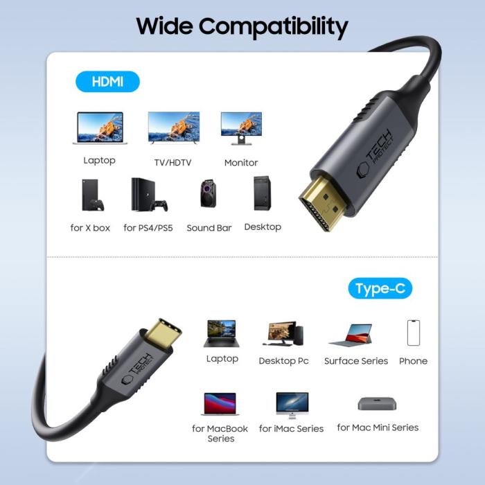 Bild 2, Tech-Protect Tech-Protect 1.8m 4K 60Hz USB-C - HDMI 2.0 Kabel UltraBoost - Teknikhallen.se