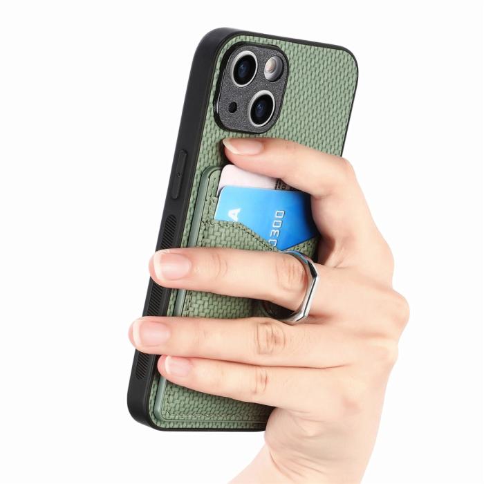 Bild 4,  iPhone 15 Plus Skal Kolfiber Textur Ring Kortfack Grön - Teknikhallen.se