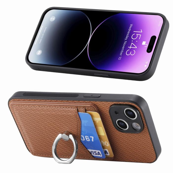 Bild 2,  iPhone 15 Plus Skal Kolfiber Textur Ring Kortfack Brun - Teknikhallen.se